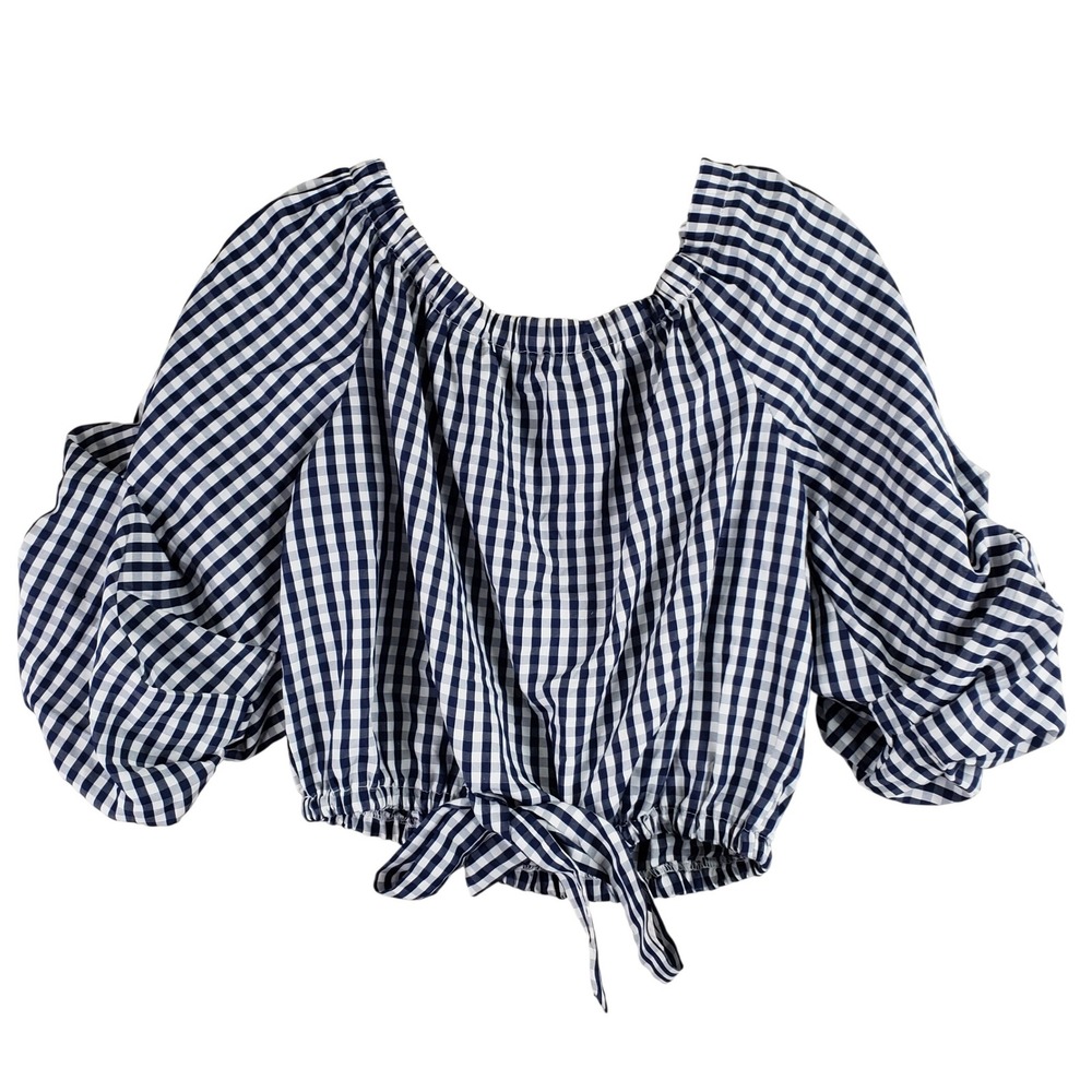 Passport Gingham Crop Top Women XL Navy Blue Cottagecore Boho Puff Sleeve